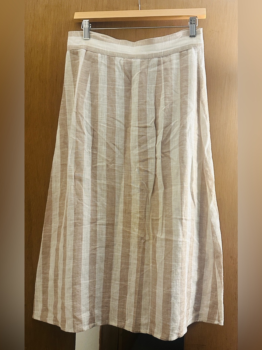 Beige and White Striped Linen-blend Midi Skirt - Picture 4 of 4